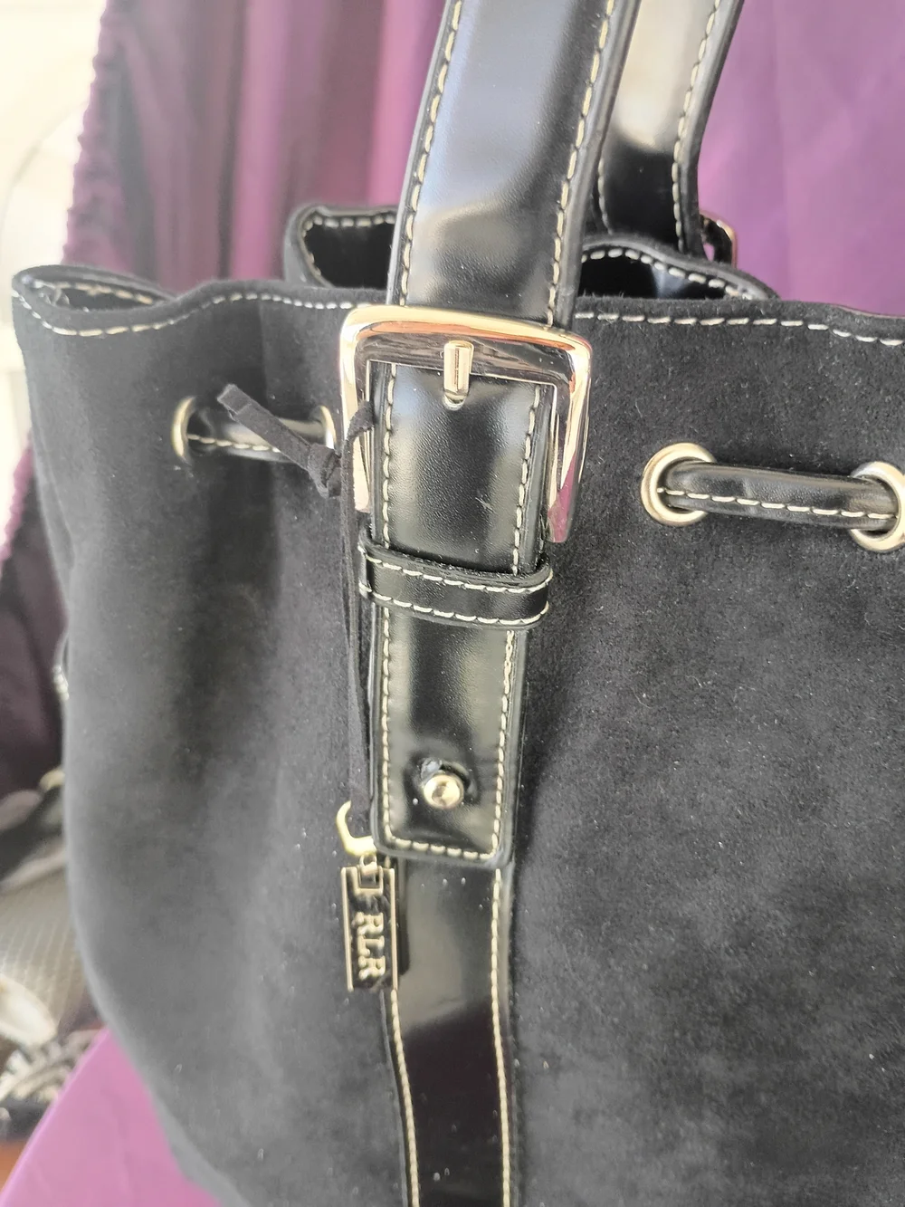 Ralph Lauren Black Suede Drawstring Tote with Leather Trim